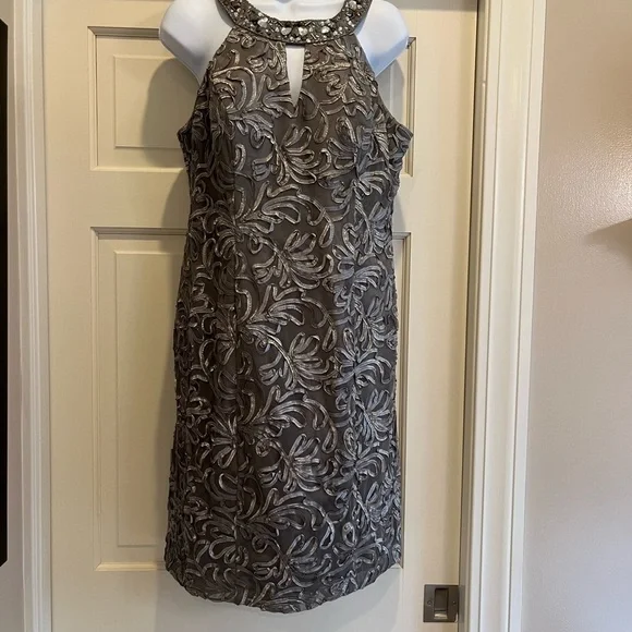 ignite evening | Dresses | Gray Ignite Evenings Knee Length Dress Keyhole  Neck With Rhinestones Like New | Poshmark